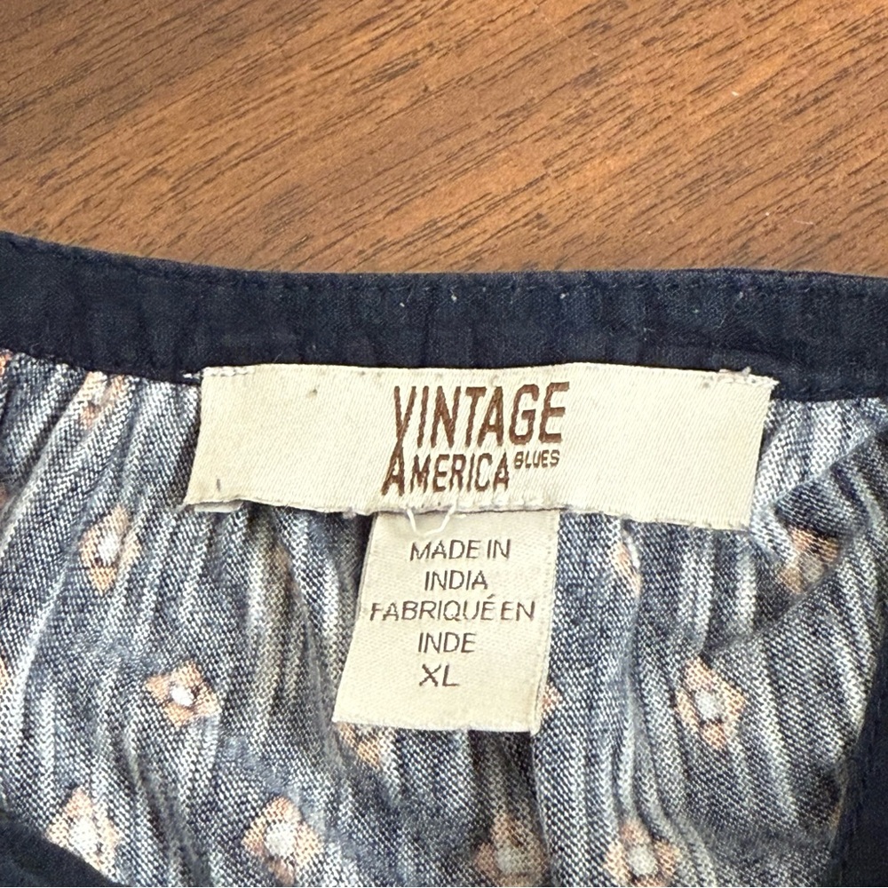 Vintage America Blues Navy Boho Embroidered Print Tunic Top XL Fall Casual - Picture 5 of 7